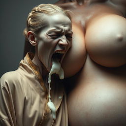 A striking and surreal scene depicts a very short and emaciated 20-year-old white woman, wearing a long monk's robe that is fully closed with intricate gold edges