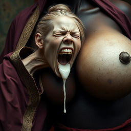 A striking and surreal scene depicts a very short and emaciated 20-year-old white woman, wearing a long monk's robe that is fully closed with intricate gold edges