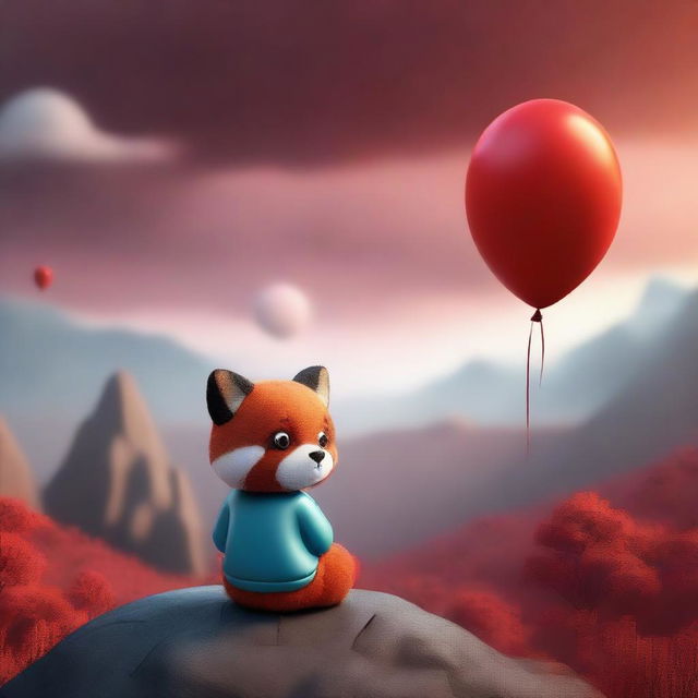 A 3D image of a sad child with a red panda's face, sitting looking at a landscape with a cloudy red sky, holding a balloon in their hand in a sad atmosphere