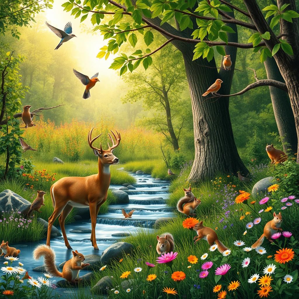 A beautiful, serene scene featuring a variety of animals in a lush green forest