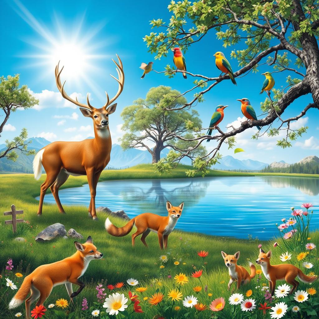 A serene landscape featuring a variety of majestic animals including a graceful deer standing near a tranquil pond, colorful birds perched on branches under a vibrant blue sky, and a playful family of foxes frolicking in a meadow filled with blooming wildflowers
