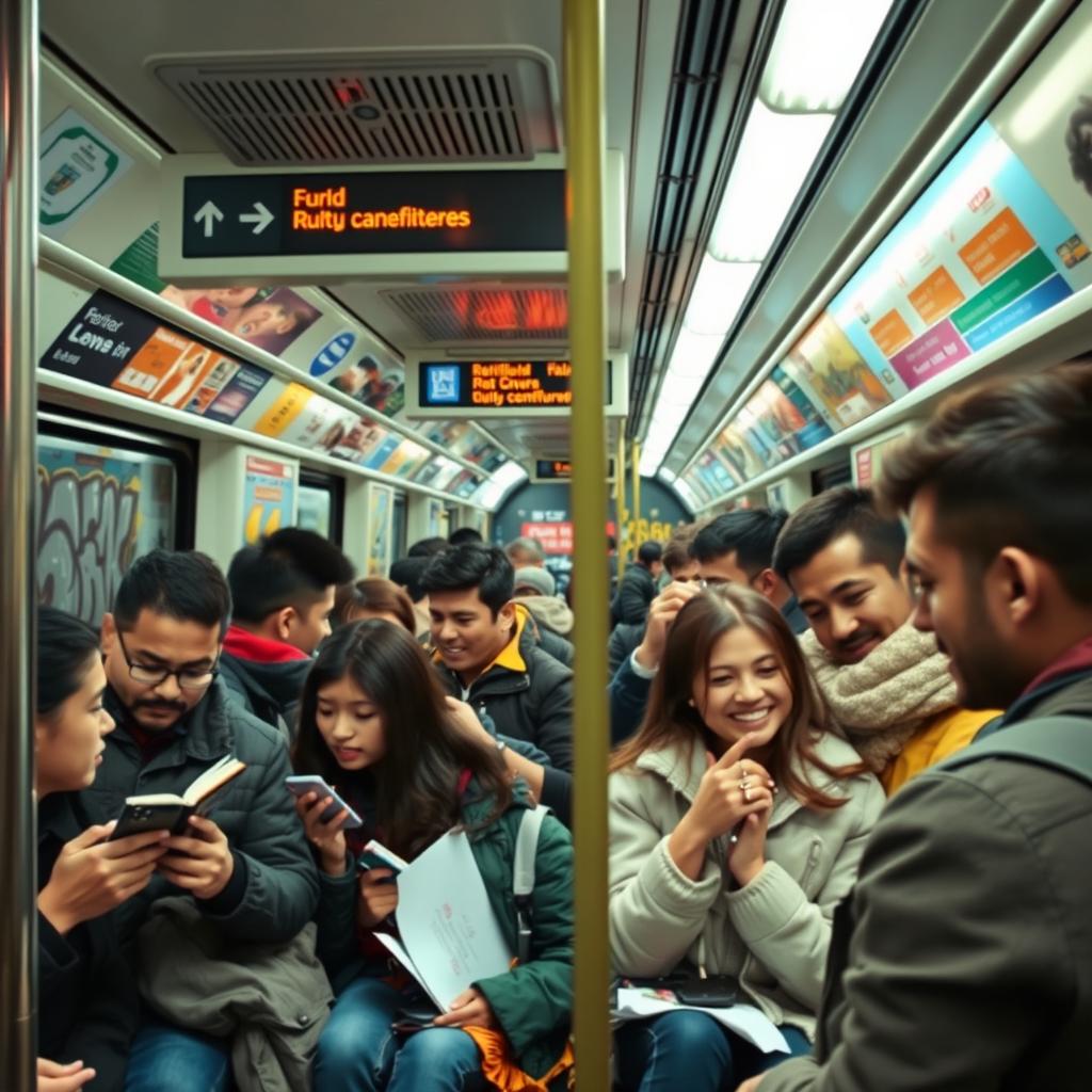 A bustling subway scene in a modern city, showcasing diverse commuters from various backgrounds