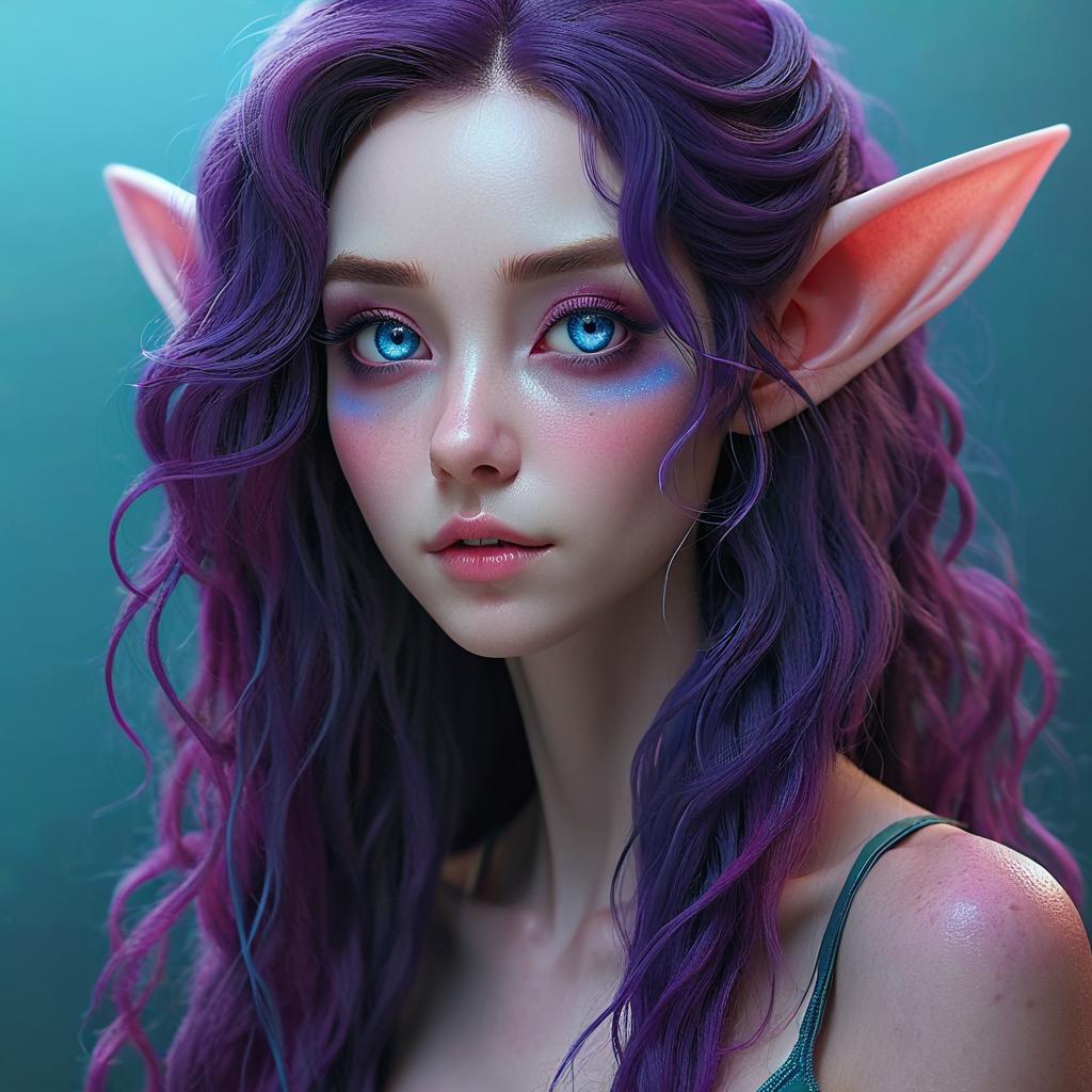 Tall, adult woman marine from the deep seas. Skin translucent with shades of dark pink, blue and purple. Eyes are large bright blue. Long hair dark purple and blue in color, curls of pink. Long flattened down ears like an elf girl.