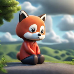 A 3D image of a sad child with a red panda's face, sitting and looking at a landscape with a cloudy sky in a sad atmosphere