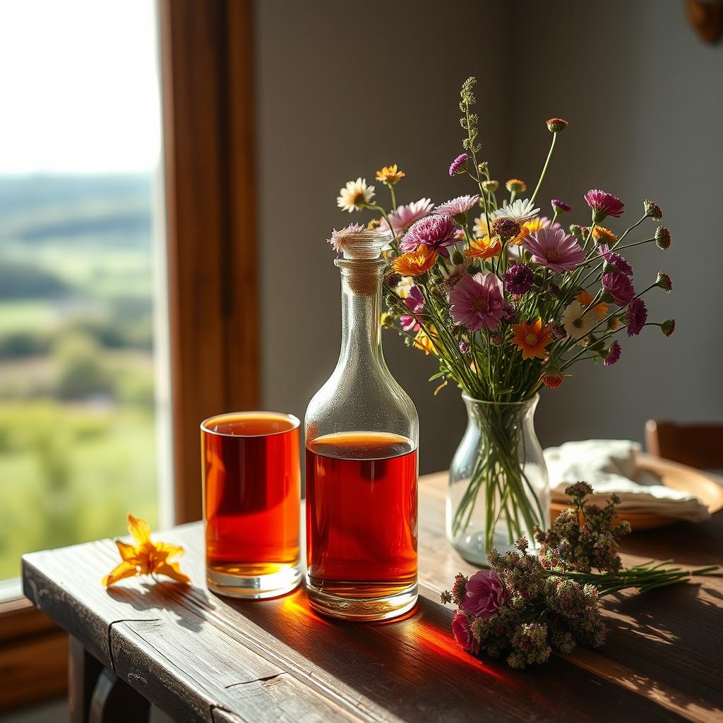 A beautifully arranged still life scene featuring an elegant, vintage glass bottle filled with a rich, amber liquid that catches the light beautifully
