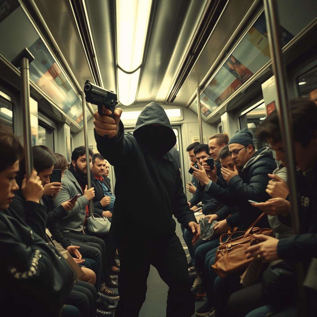 A dramatic subway scene depicting a tense moment where a masked robber brandishes a gun inside a crowded train