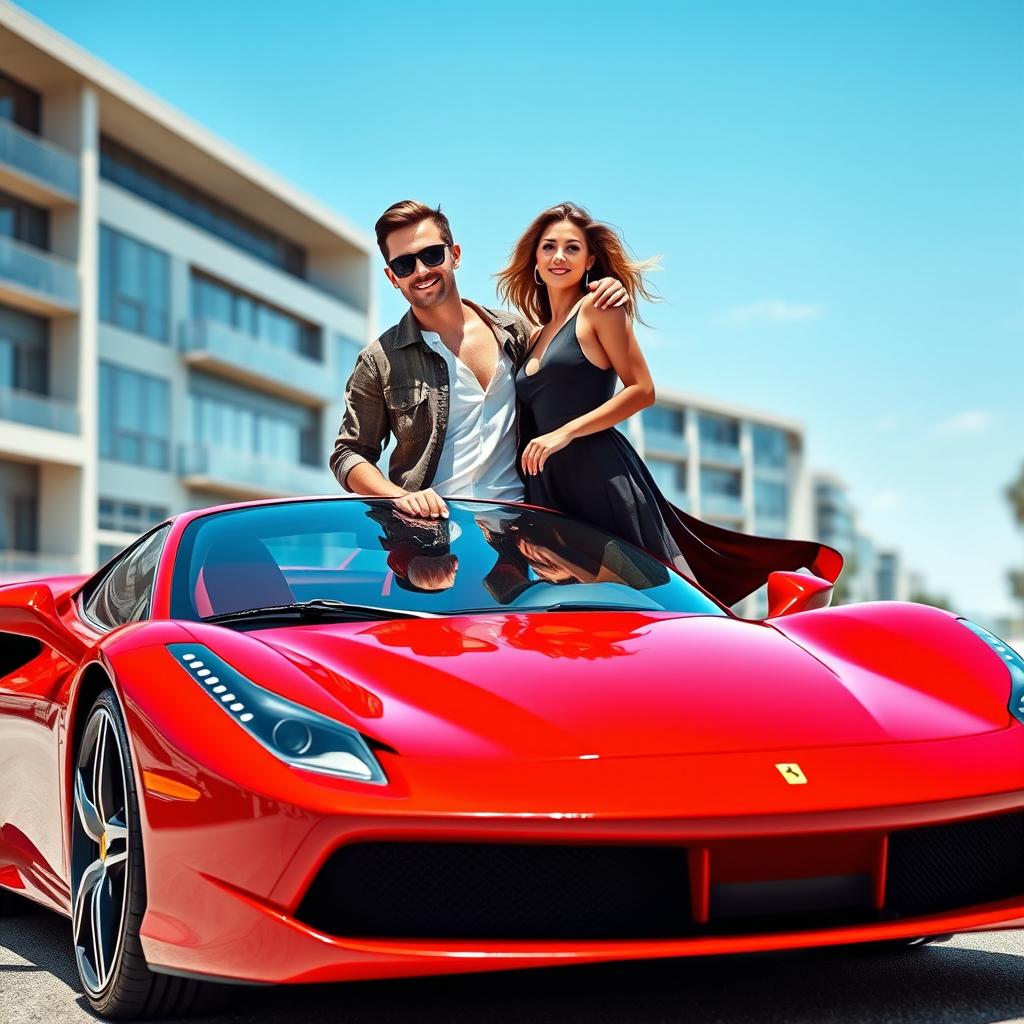 A couple standing proudly beside their stunning red Ferrari under a clear blue sky
