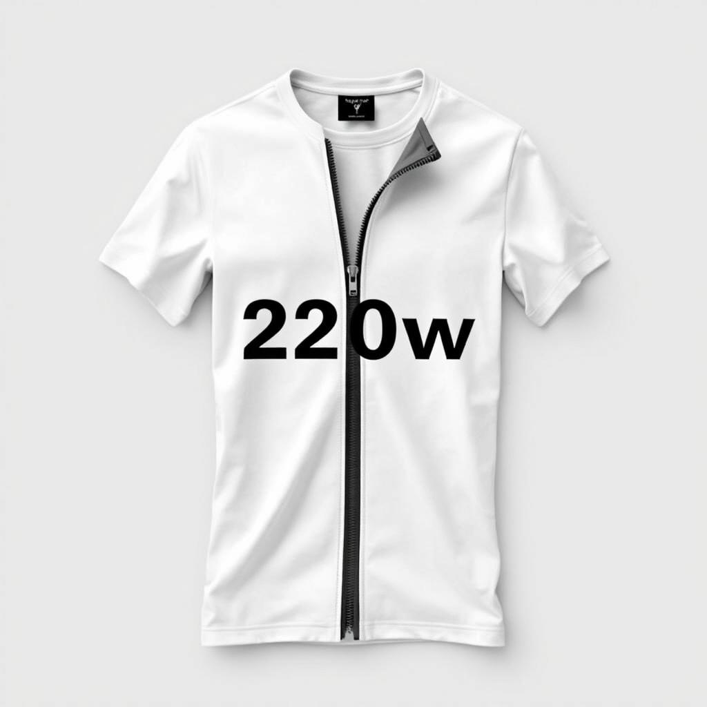 A sleek white t-shirt featuring a bold, strict print of '220w' on the front