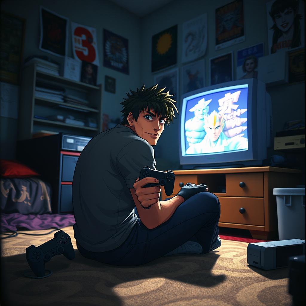 A grungy analog photo depicting Jotaro Kujo from Jojo's Bizarre Adventure set in 1999, immersed in playing the game on a PlayStation 1