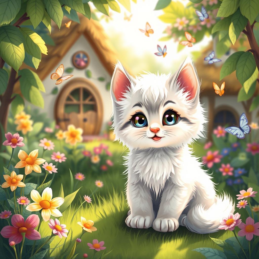 A whimsical and enchanting illustration of a cute, fluffy kitten named Mimi, with big bright eyes and a playful demeanor