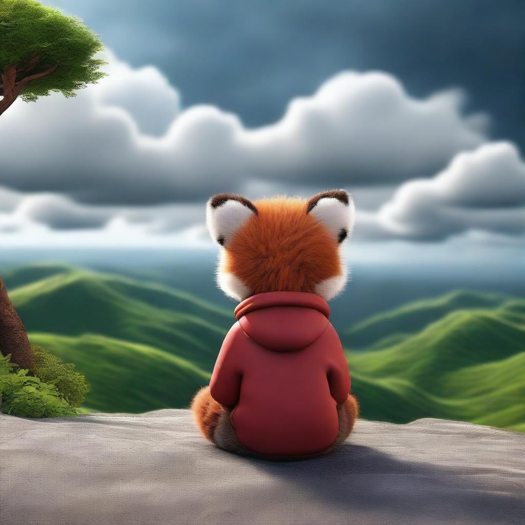 A 3D image of a sad child with a red panda's face, sitting and looking at a landscape with a cloudy sky in a sad atmosphere