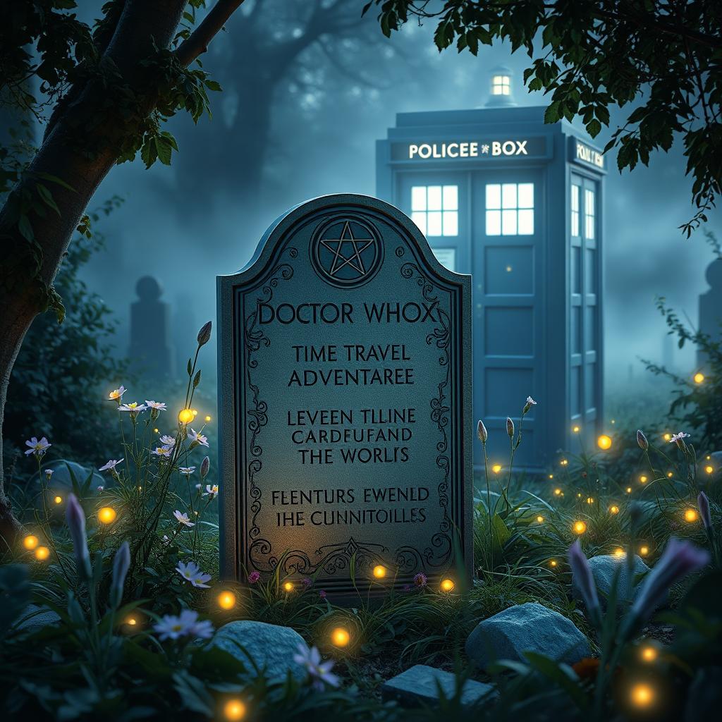 A hauntingly beautiful scene depicting the grave of a fictional character inspired by Doctor Who, set in a lush, overgrown cemetery