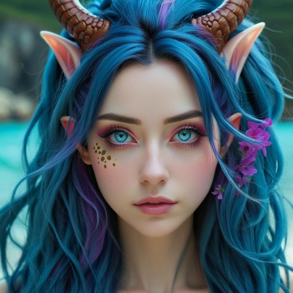 Serious adult woman marine from the deep seas. Skin translucent  with shades of dark pink, blue and purple. Eyes are large bright blue. Long hair dark purple and blue in color, some curls are pink. Long flattened and look down ears like an elf girl. Some ocean flowers on her head.