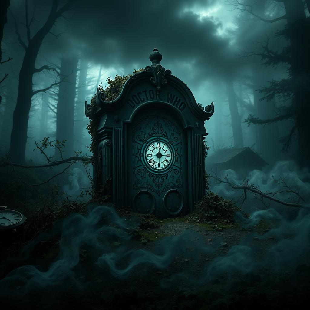 A hauntingly atmospheric grave of Doctor Who set in a dense, misty forest