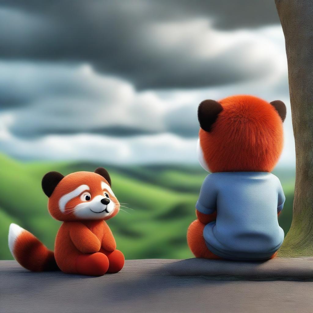 A 3D image of a sad child with a red panda's face, sitting and looking at a landscape with a cloudy sky in a sad atmosphere