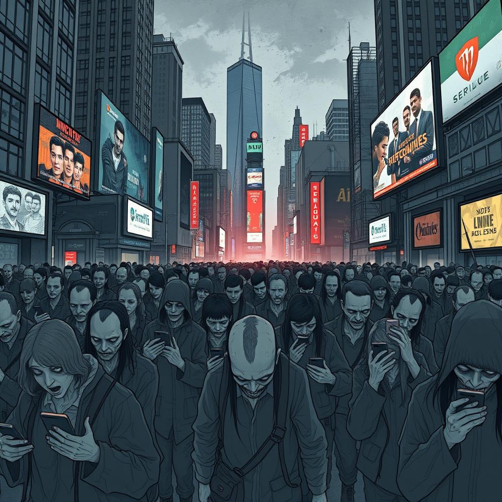 An impactful illustration for an essay titled 'How We Are Becoming More Like Zombies' without any text