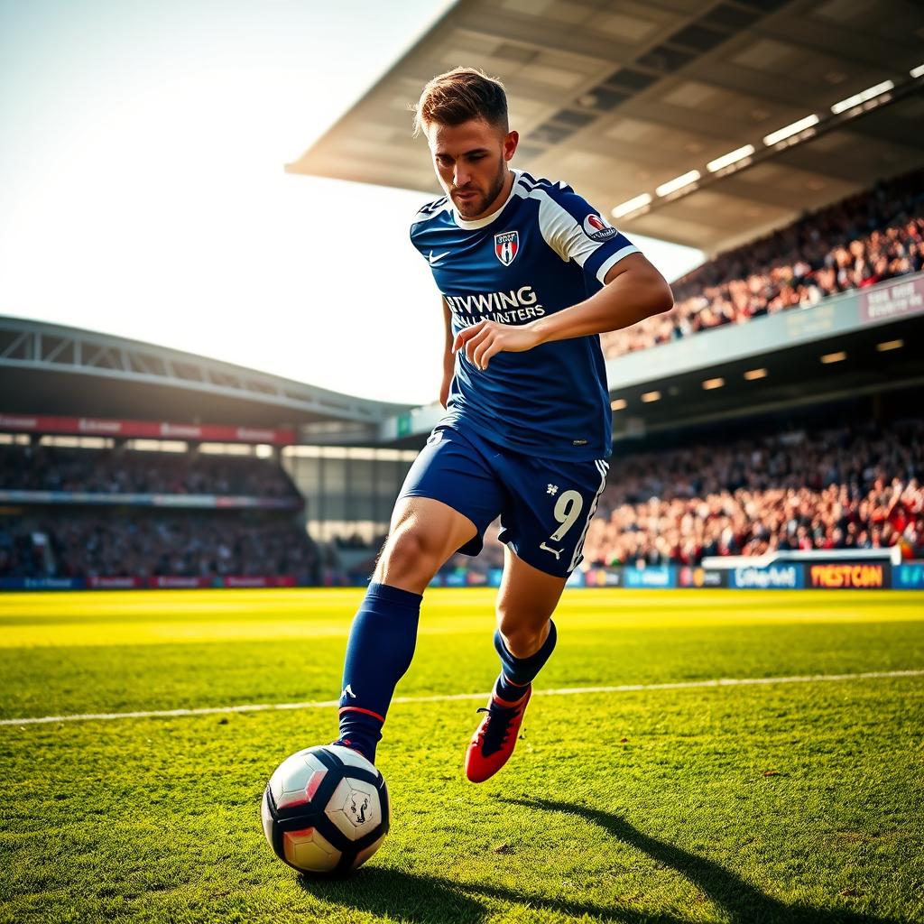 A sporty and energetic scene featuring Liam Delap, the Ipswich Town striker, showcasing his skills on the football pitch