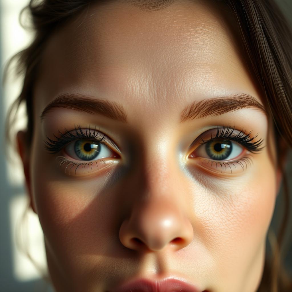 A close-up portrait of a person with strikingly symmetrical eyes