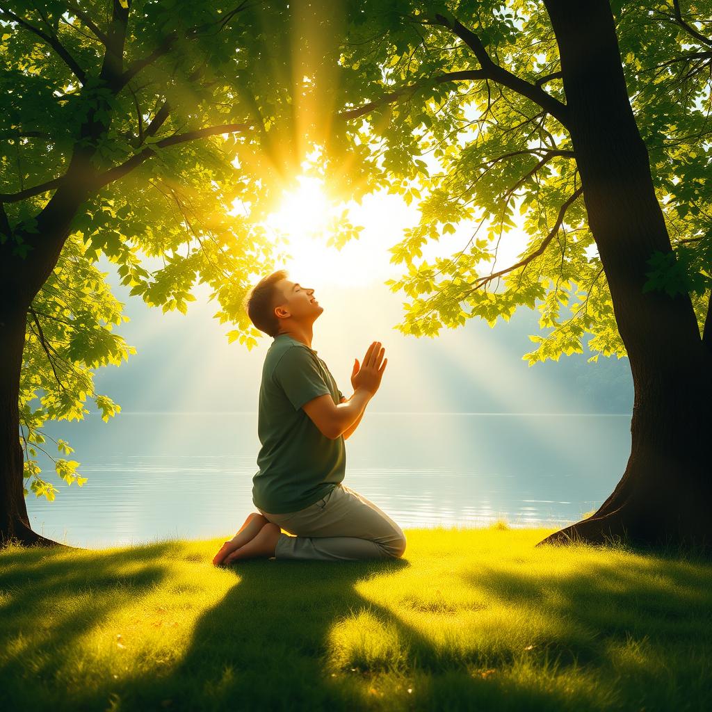 A powerful prayer scene depicting a person kneeling in a serene environment, surrounded by soft light beams shining through lush green trees