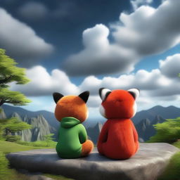 A 3D image of a sad child with a red panda's face, sitting and looking at a landscape with a cloudy sky in a sad atmosphere