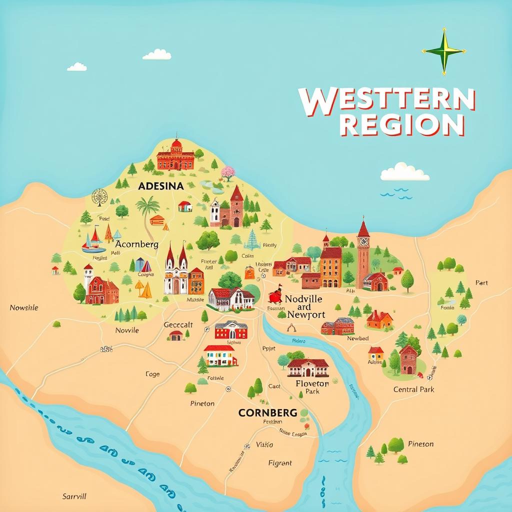 A detailed and colorful map of the Western Region, featuring the town of Adesina positioned in the southern part, illustrated with vibrant landmarks and scenery