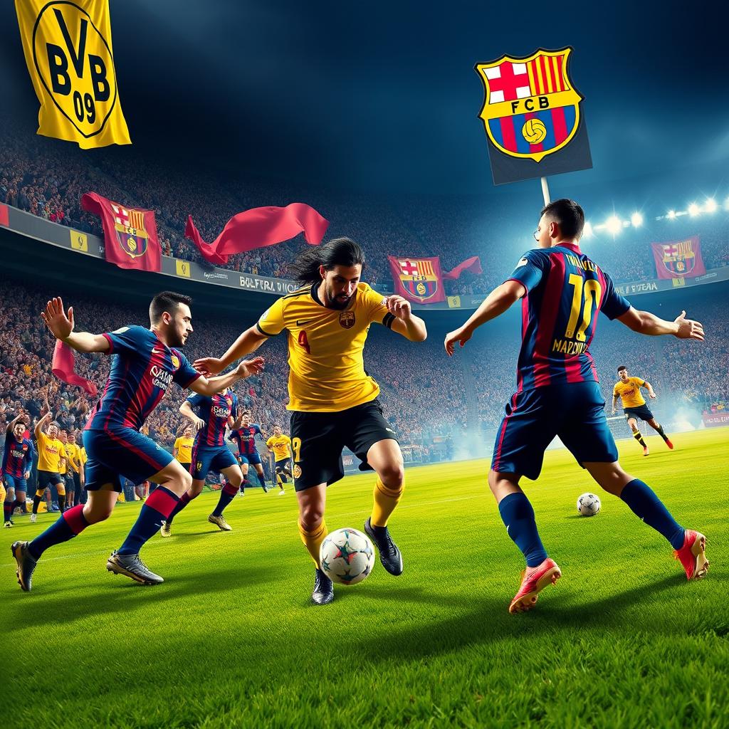 An exciting depiction of the match between Borussia Dortmund and FC Barcelona, set in a packed stadium atmosphere