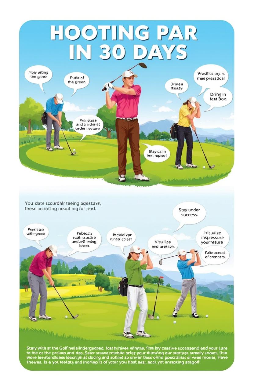 A visually engaging and informative illustration depicting a golfer practicing in various scenarios to achieve shooting par in 30 days