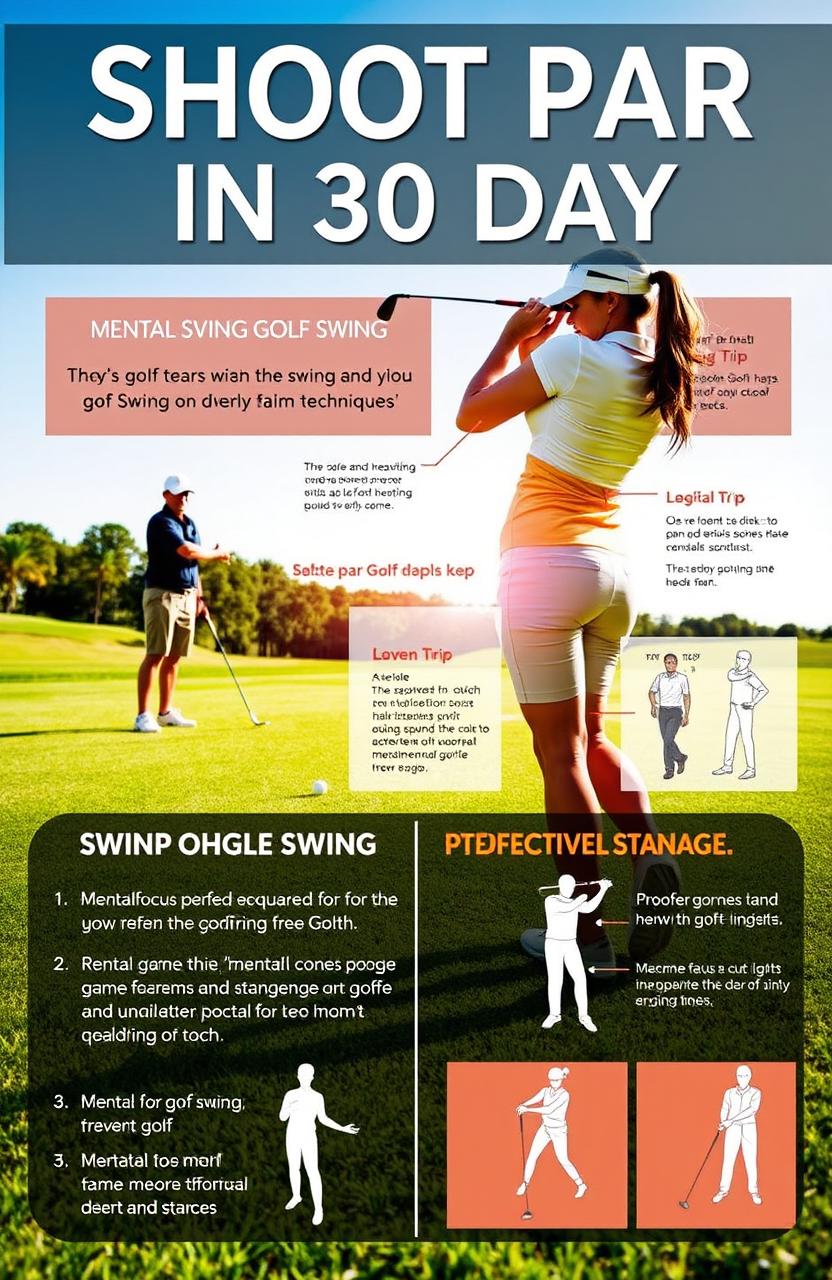 A comprehensive visual guide for golfers titled 'Shoot Par in 30 Days', featuring detailed golf instructions focused on improving the golf swing, mental game strategies for golf, and effective training techniques