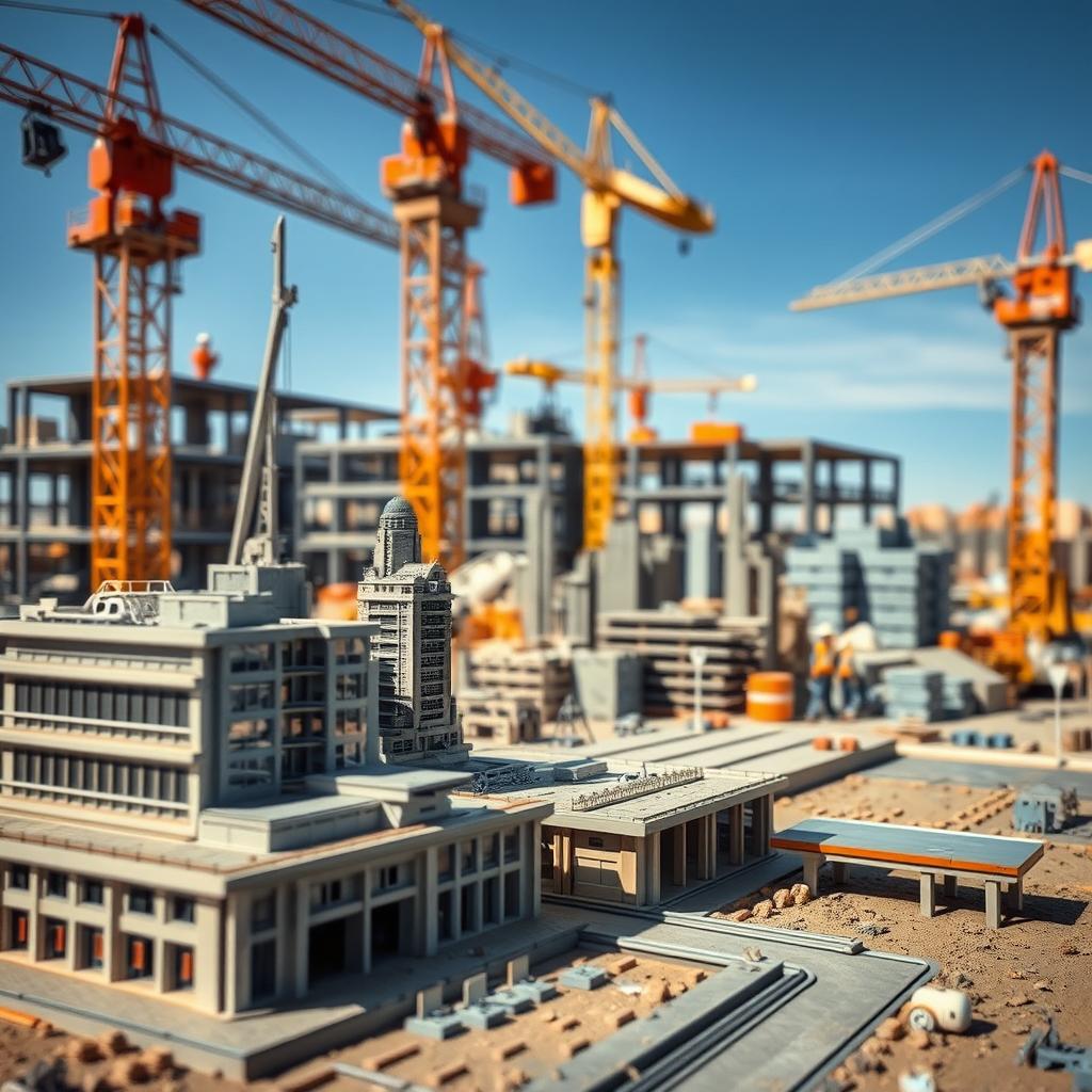 A highly detailed construction site featuring a scale model in the foreground