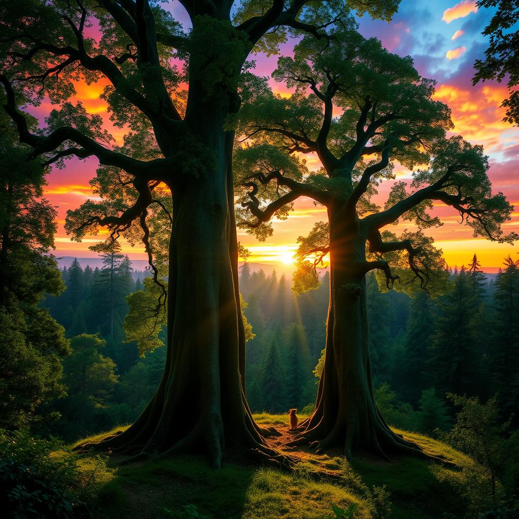 A breathtaking magical sunset in a lush forest, with vibrant colors filling the sky, transitioning from deep orange and pink to purple and blue