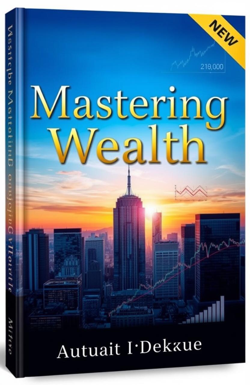 A striking and professional financial book cover, featuring a modern city skyline with glass buildings and a vibrant sunset in the background