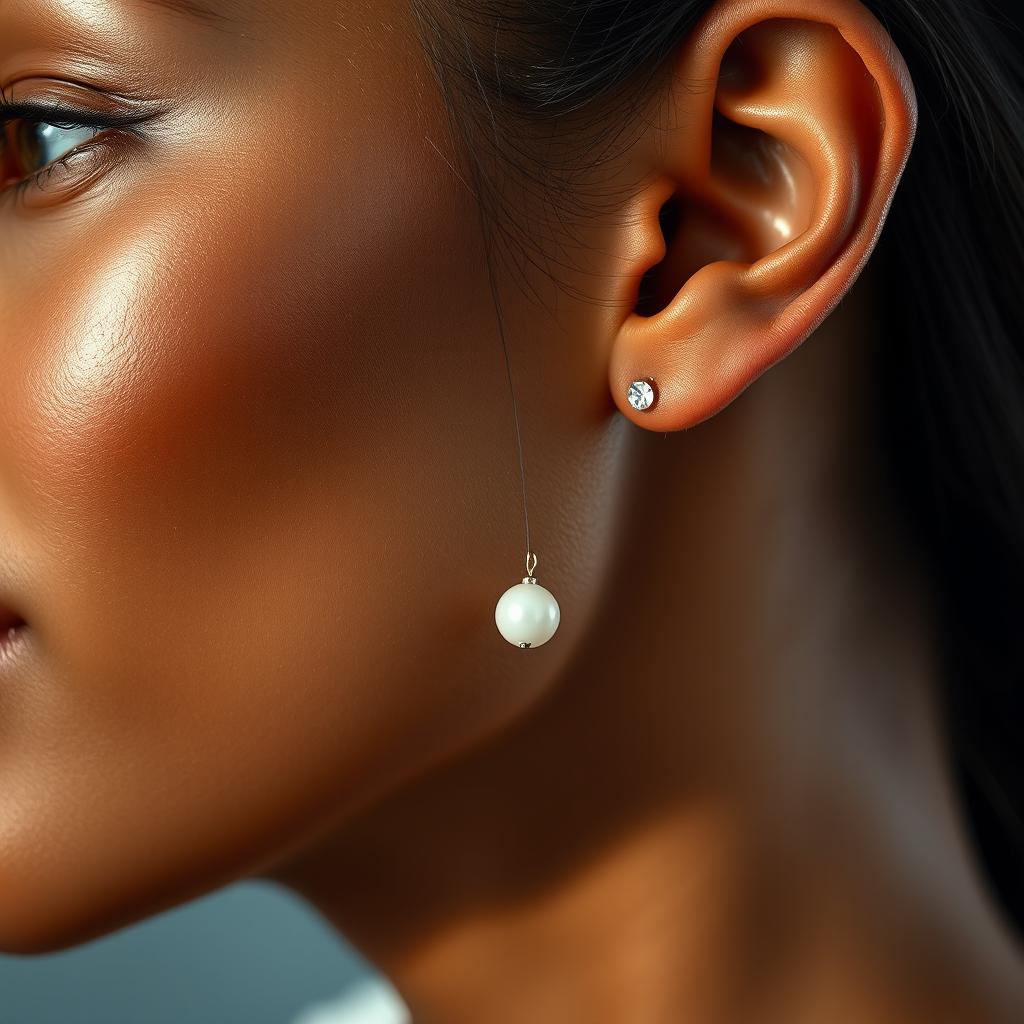A beautifully detailed portrait of a person with realistic lighting, showcasing a small white pearl earring dangling from the ear