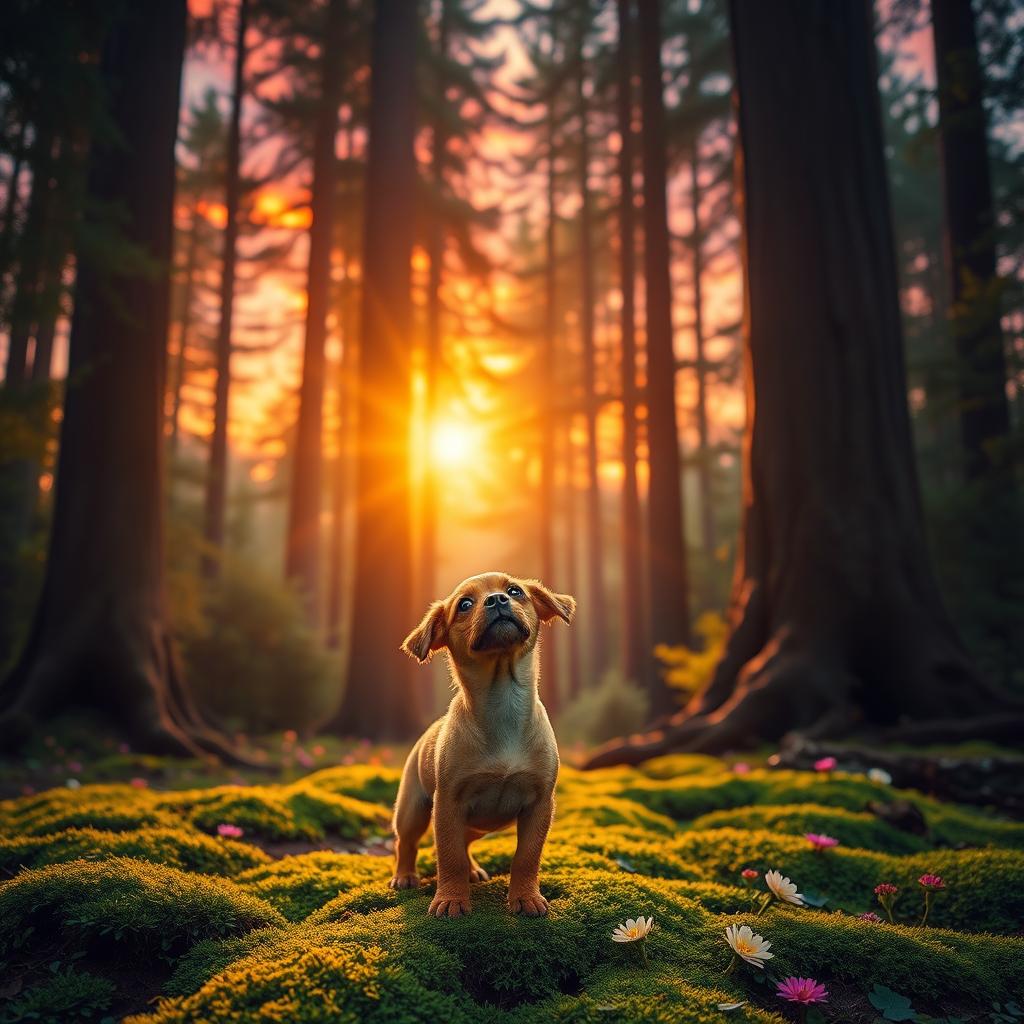 A magical sunset illuminating a lush forest scene with vibrant colors of orange, pink, and purple in the sky