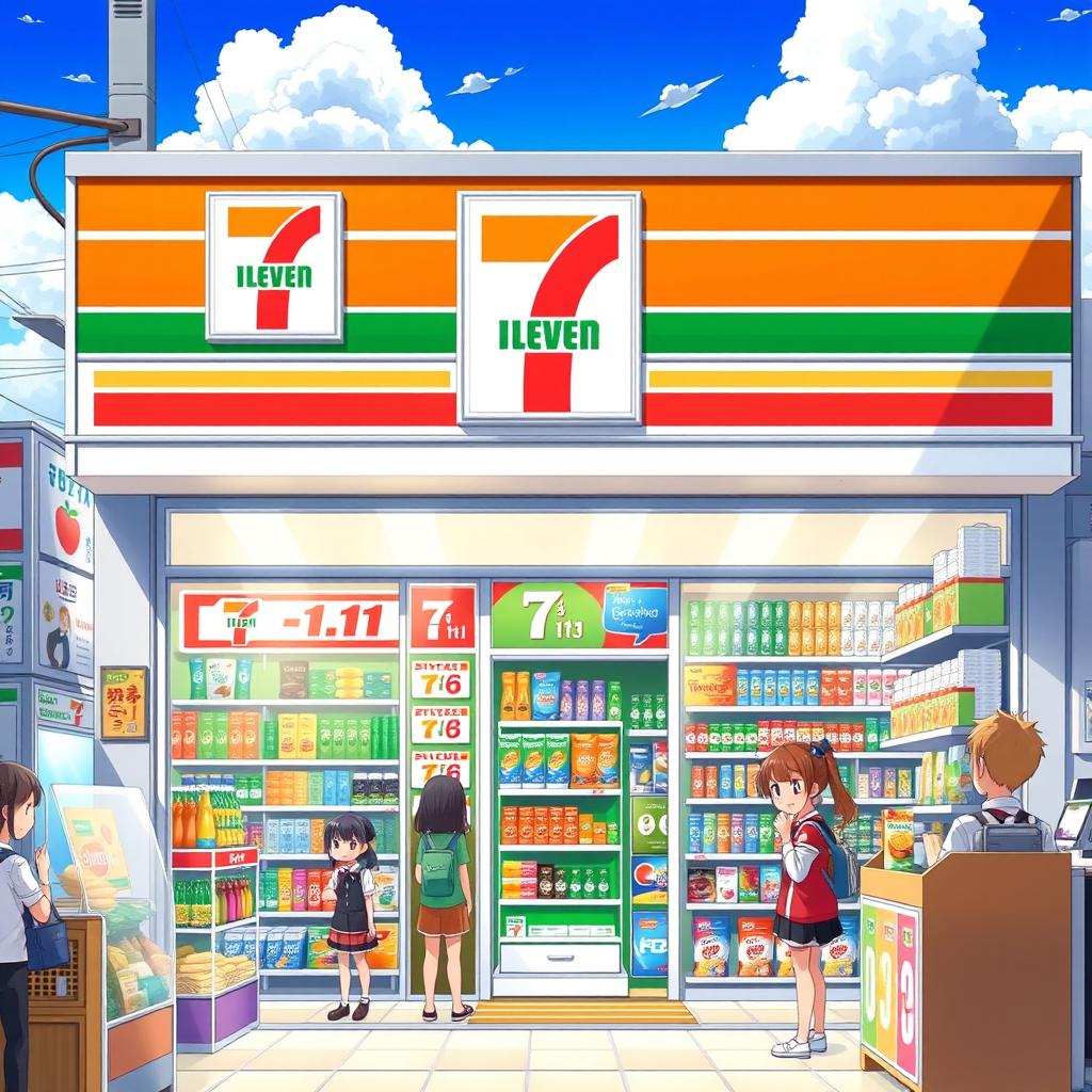 A vibrant and bustling 7-11 supermarket depicted in a colorful anime style