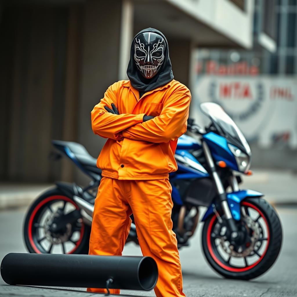 A figure dressed in a bright orange prison jumpsuit with arms crossed, exuding confidence and rebellion