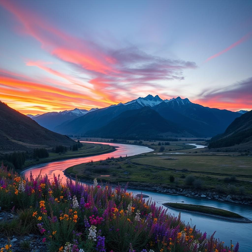 Una imagen de un paisaje natural impresionante al atardecer, con un río serpenteante que refleja los colores vibrantes del cielo en tonos de naranja, rosa y morado