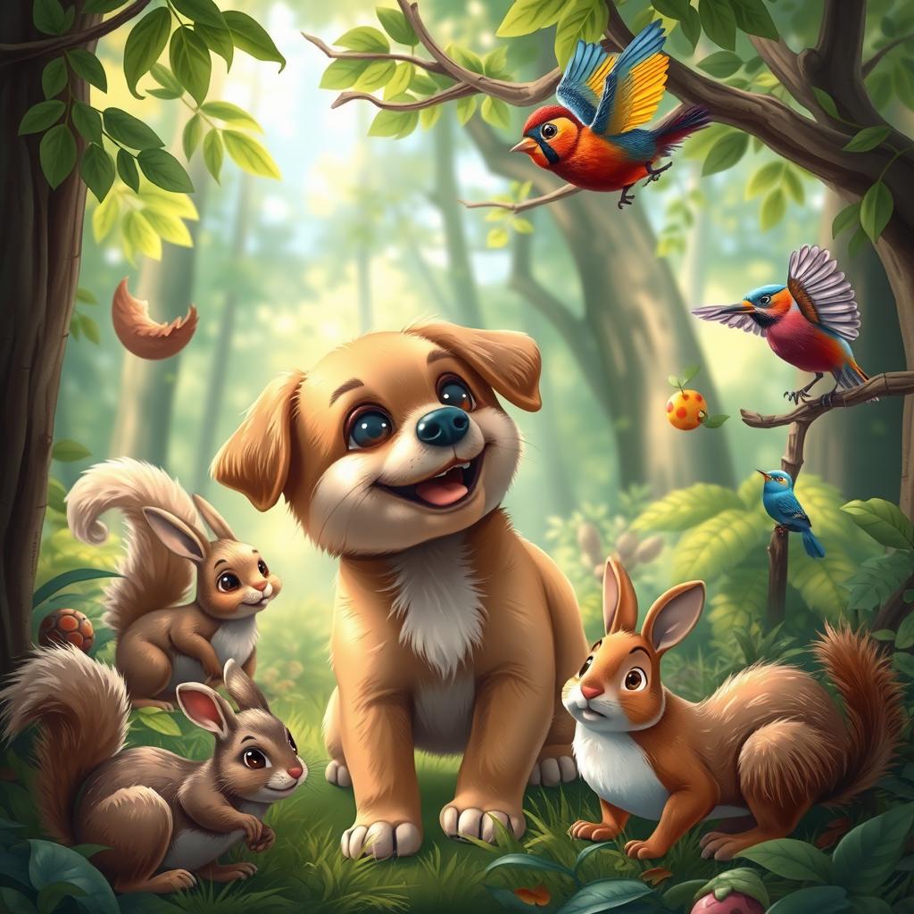 A cute little brown dog with expressive eyes, joyfully looking around in a vibrant forest