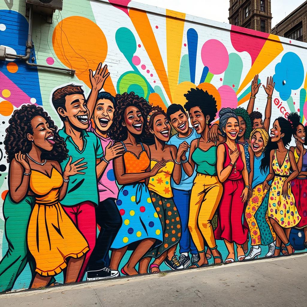A vibrant and colorful street art mural depicting a diverse group of people enjoying life together