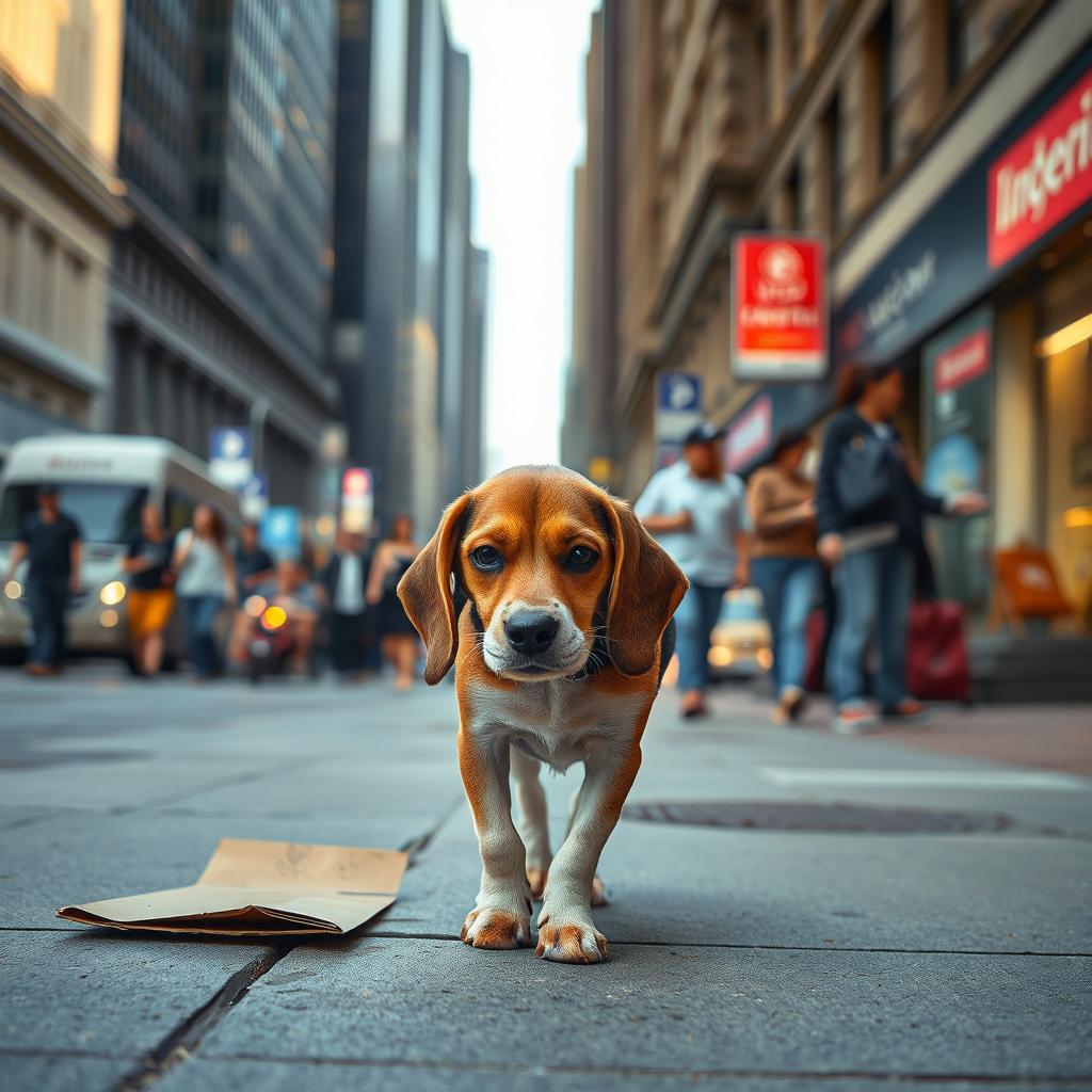A small, scruffy Beagle dog wandering through a bustling city street