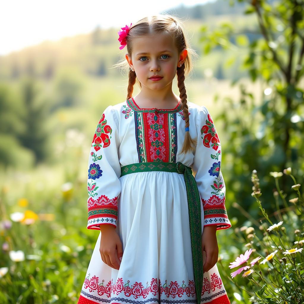A beautiful young girl wearing a traditional Bulgarian dress adorned with intricate patterns and vibrant colors