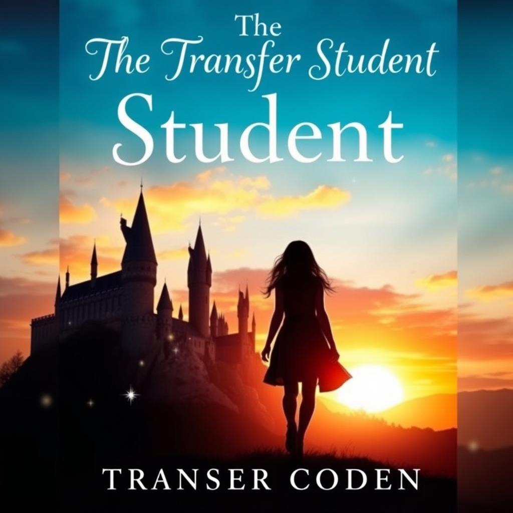 A captivating book cover titled 'The Transfer Student', featuring a striking silhouette of a girl walking towards Hogwarts