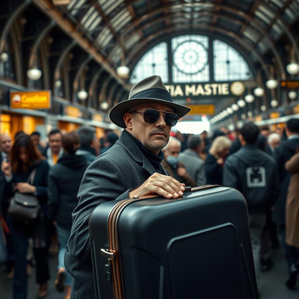 In a busy train station filled with crowds, a man enters wearing a stylish hat and dark sunglasses