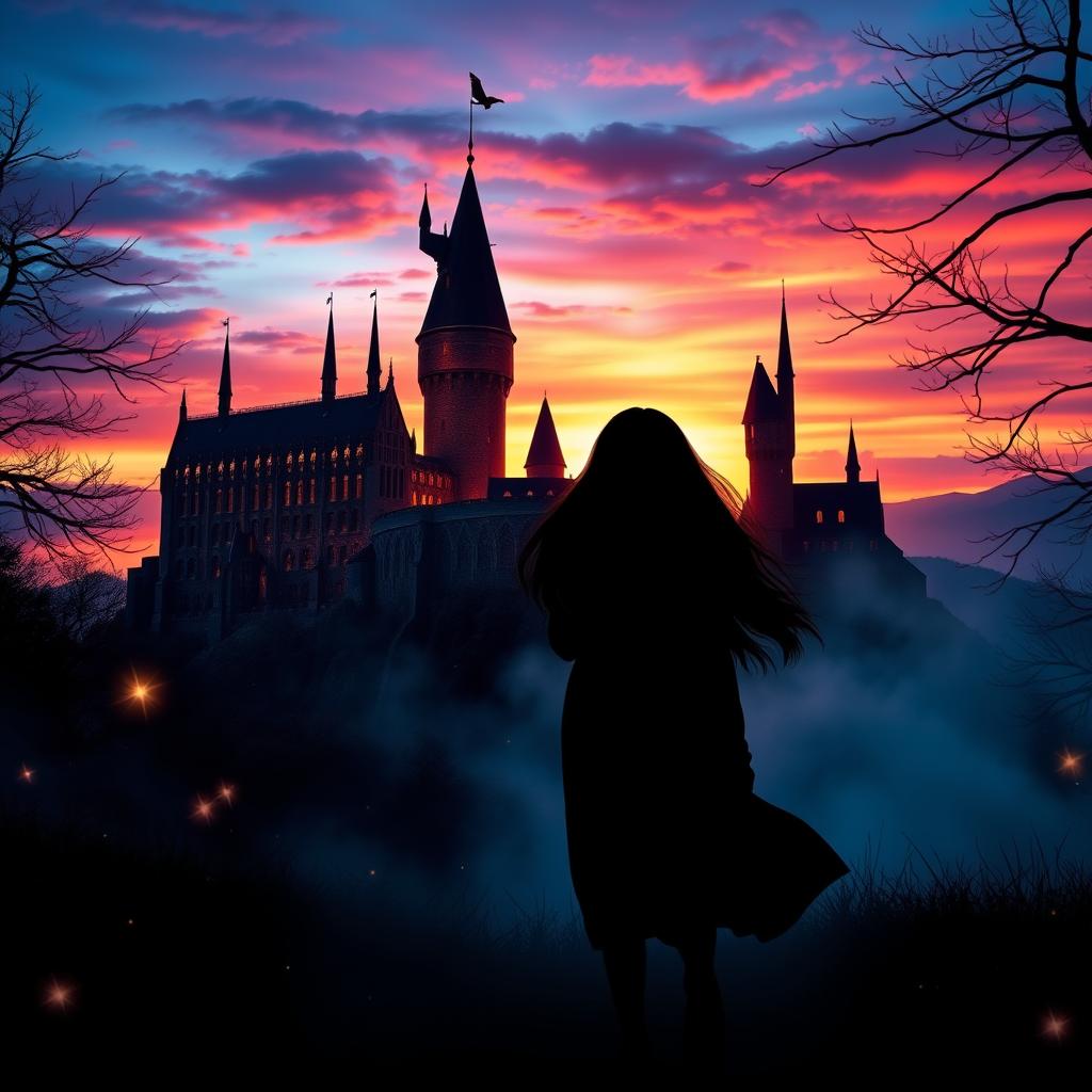 An enchanting portrait depicting a silhouette of a girl walking towards Hogwarts