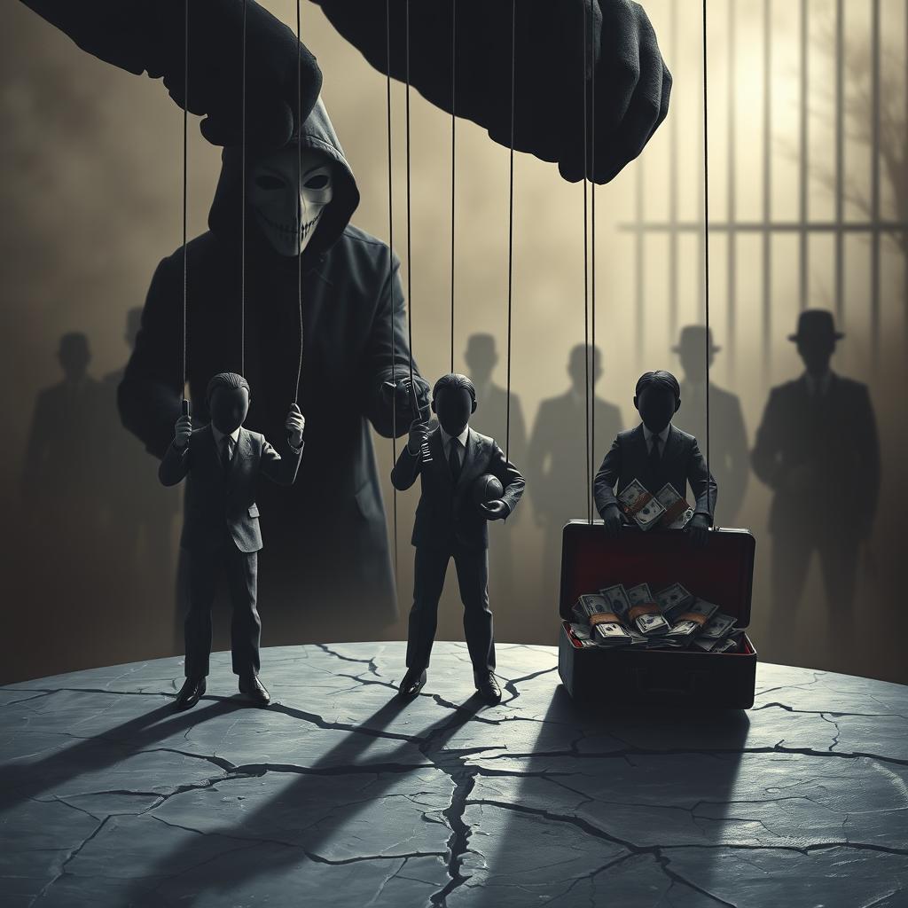 A dramatic scene depicting large shadowy figures wearing masks, controlling ordinary people like puppets on strings