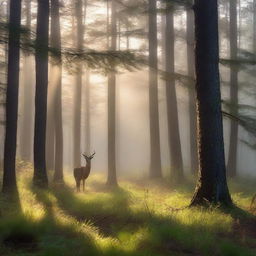 A serene, misty forest in the early morning. Sunlight is just breaking through, casting long, dappled shadows. Pine trees loom tall and majestic, their branches heavy with dew. A deer grazes peacefully in a clearing, undergrowth sparkling with droplets of dew.