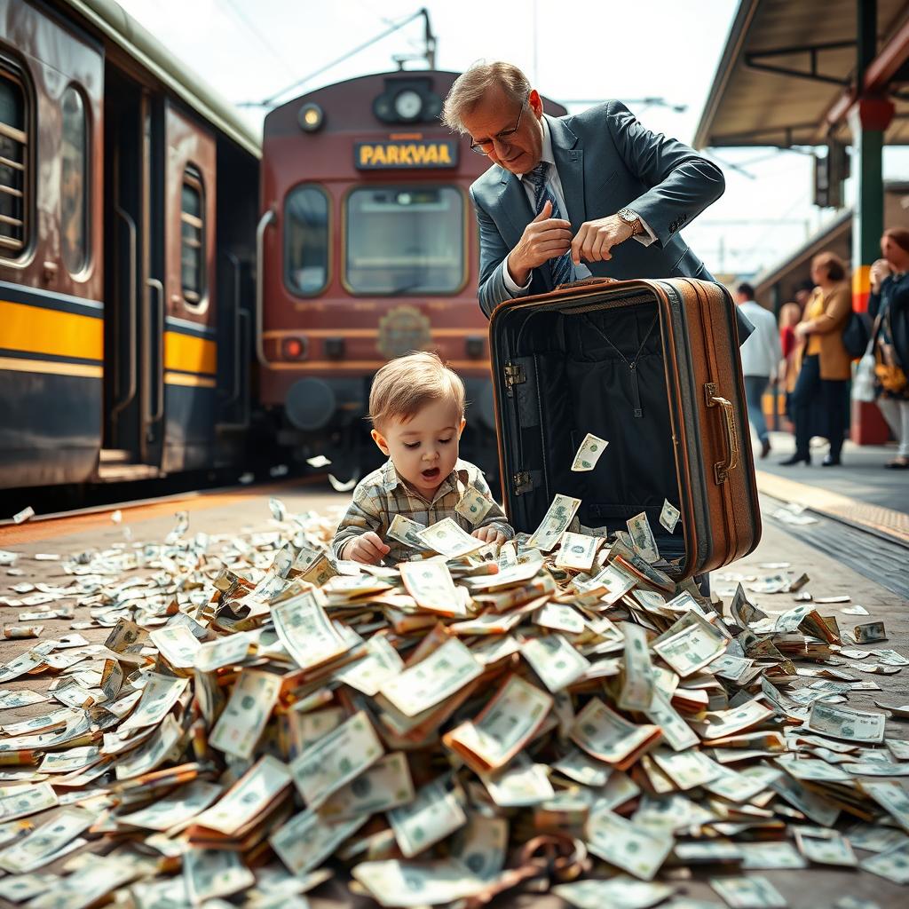 A curious child trying to open a suitcase while a man blocks the way