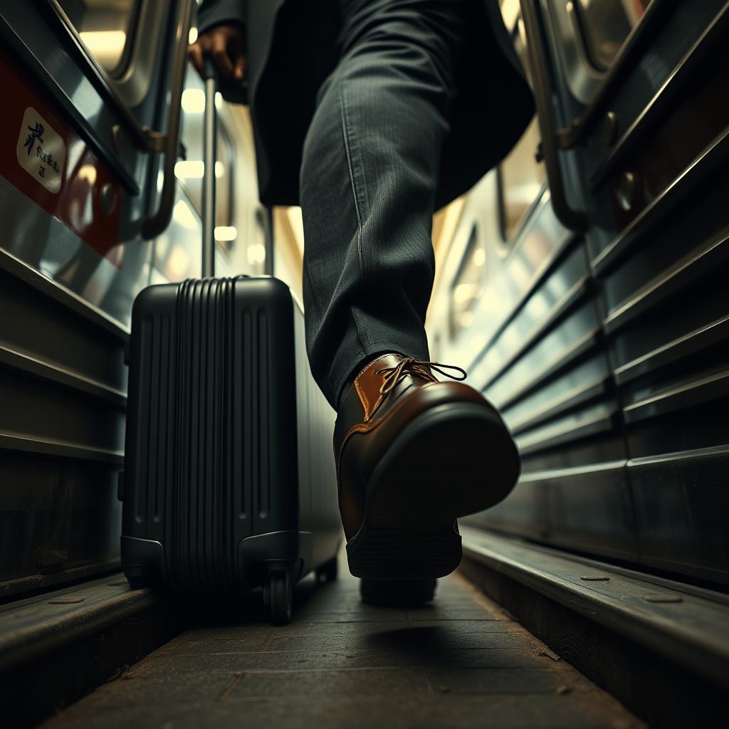 A mysterious man steps off a train, carrying a heavy suitcase