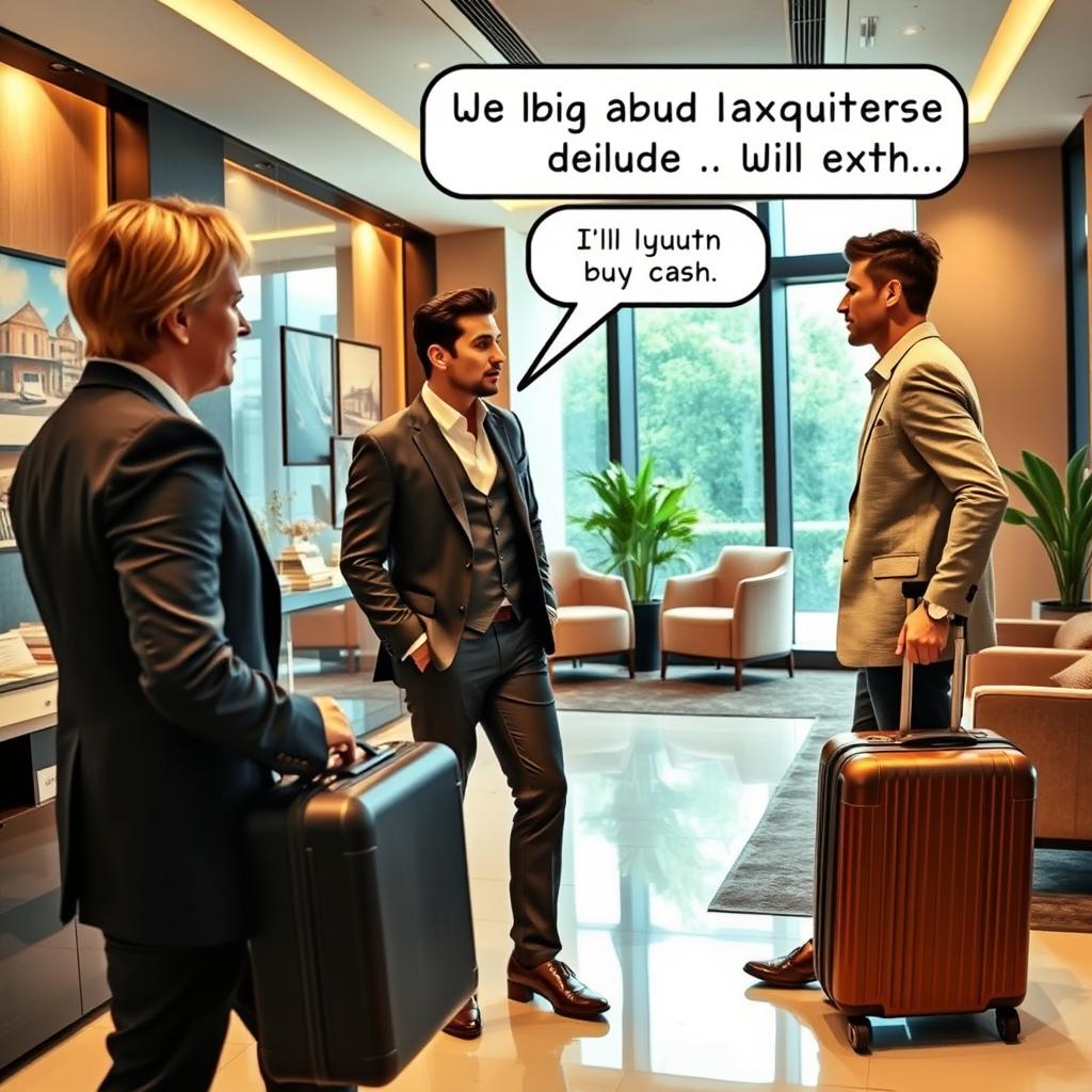 A stylish real estate office interior, featuring an elegant real estate consultant looking intrigued at a man who just entered with a large suitcase