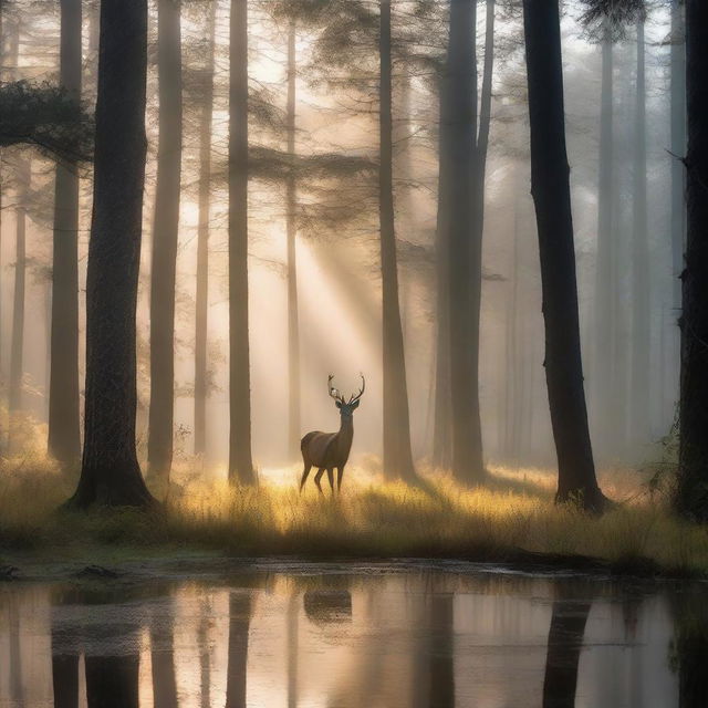 A serene, misty forest in the early morning. Sunlight is just breaking through, casting long, dappled shadows. Pine trees loom tall and majestic, their branches heavy with dew. A deer grazes peacefully in a clearing, undergrowth sparkling with droplets of dew.