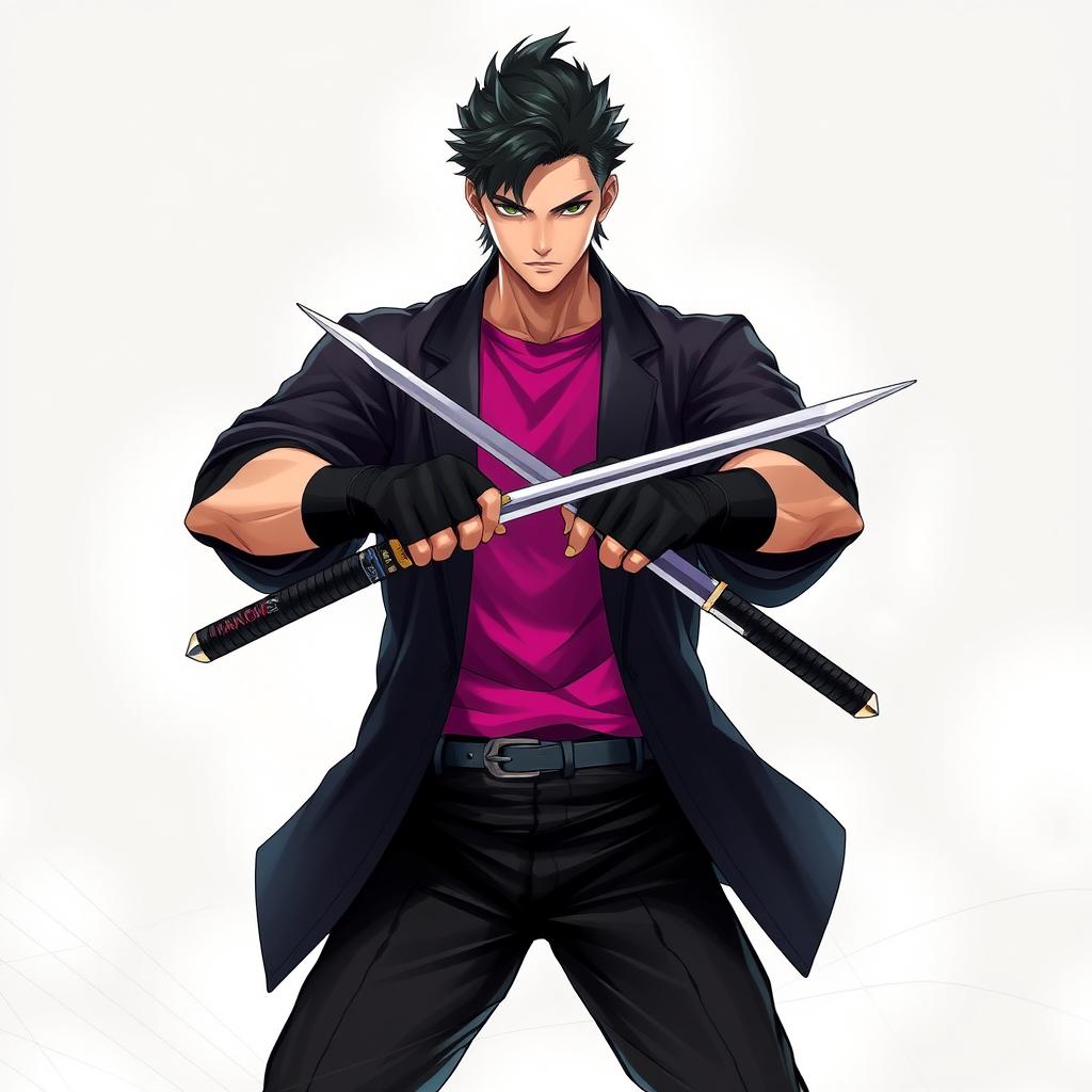 A male character inspired by Mileena, wearing a stylish black kimono cardigan over a vibrant magenta t-shirt